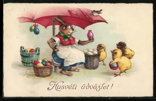 Künstler-AK Osterhase mit Ostereiern unter einem Schirm und Osterküken