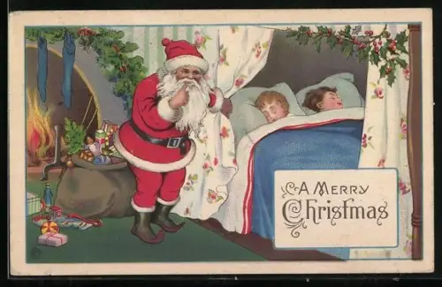 Künstler-AK Weihnachtsmann beschenkt zwei schlafende Kinder, A Merry Christmas
