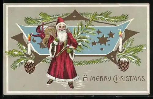 Künstler-AK Weihnachtsmann mit Geschenken und Tannenzweig, A Merry Christmas