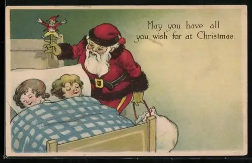 Künstler-AK Weihnachtsmann bringt schlafenden Kindern Geschenke