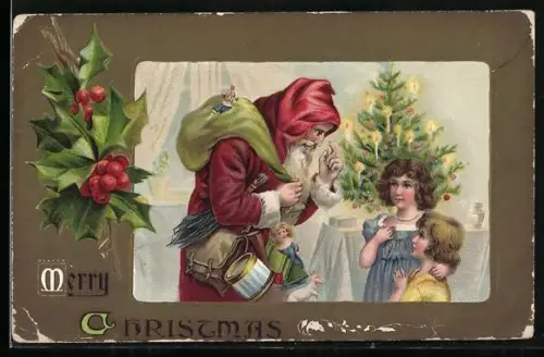 Künstler-AK Weihnachtsmann redet mit zwei Kindern vor dem Weihnachtsbaum, Merry Christmas