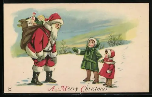 Künstler-AK Weihnachtsmann begenet zwei kleinen Kindern im Schnee, A Merry Christmas
