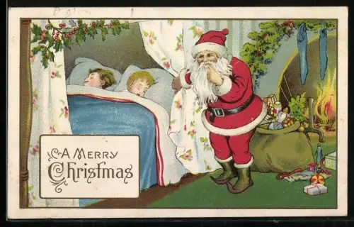 Künstler-AK A Merry Christmas, Weihnachtsmann und schlafende Kinder