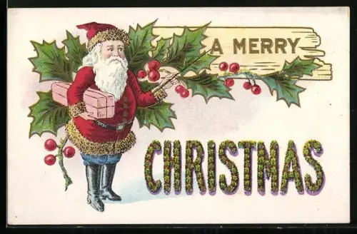 Präge-AK Weihnachtsmann mit einem Geschenk unter dem Arm zeigt auf ein Schild, A Merry Christmas