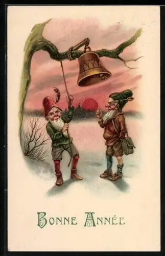 Künstler-AK Zwerge läuten eine Glocke im Schnee, Bonne Année