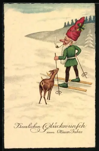 Künstler-AK Zwerg fährt auf Ski durch den Schnee, Reh schnuppert an seinem Skistock
