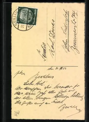 Künstler-AK Zwerg fährt auf Ski durch den Schnee, Reh schnuppert an seinem Skistock