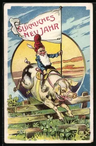 Künstler-AK Zwerg reitet auf einem Schwein und springt über einen Zaun