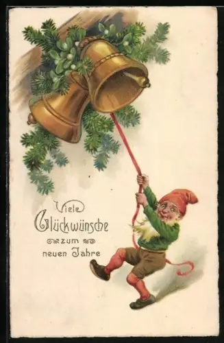 Künstler-AK Ein Zwerg läutet eifrig die Neujahrsglocken