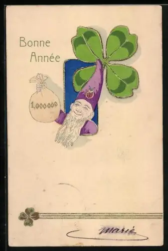 Präge-AK Zwerg hält einen Geldsack in die Höhe, Klee, Bonne Année