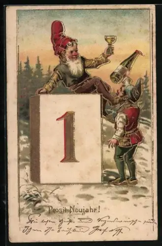 Künstler-AK Zwei Zwerge feiern das neue Jahr im Schnee
