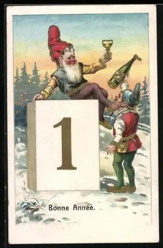 Präge-AK Zwerge feiern das Neue Jahr mit Sekt, Bonne Année