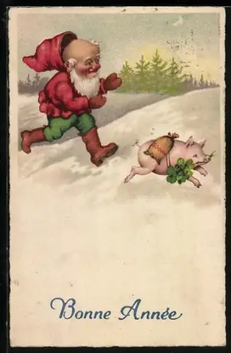 Künstler-AK Zwerg läuft hinter einem Schwein mit Klee hinterher, Bonne Année