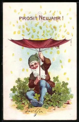 Lithographie Zwerg fängt Geldregen im Regenschirm auf