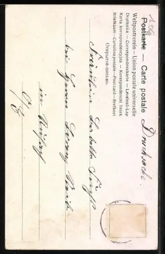 Lithographie Zwerg fängt Geldregen im Regenschirm auf