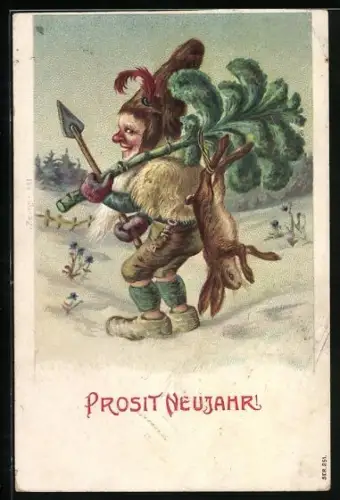 Künstler-AK Zwerg mit erlegtem Hasen im Schnee, Prosit Neujahr