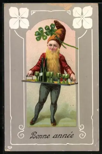 Künstler-AK Zwerg bringt ein Tablett mit Flaschen und Gläsern zum Anstossen