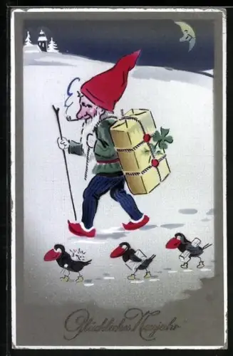 Künstler-AK Zwerg wandert mit drei Vögeln durch den Schnee