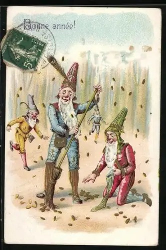 Lithographie Zwerge sammeln Münzen, die vom Himmel regnen