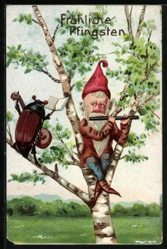 Künstler-AK Pfingsten, Zwerg und Maikäfer musizieren auf einer Birke