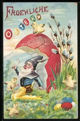 Künstler-AK Zwerg sitzt mit Osterküken auf einer Blumenwiese
