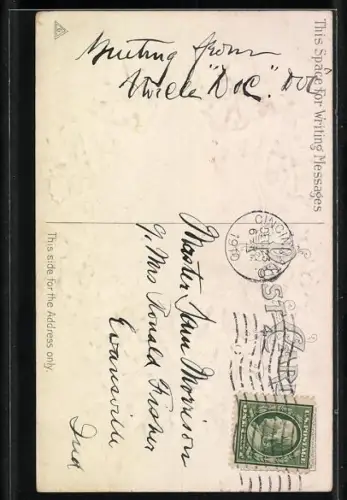 Präge-AK Weihnachtsmann mit Stechpalmenzweigen und Mistelzweigen