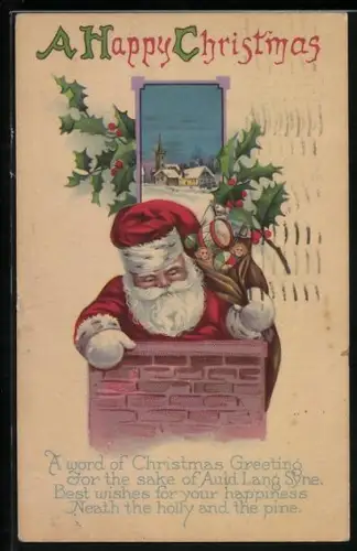Künstler-AK Weihnachtsmann im Schornstein mit Sack voller Geschenke, A Happy Christmas