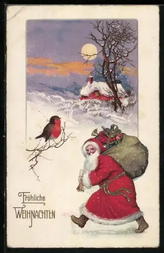 Künstler-AK Der Weihnachtsmann stapft durch den Schnee mit seinem Sack voller Geschenke