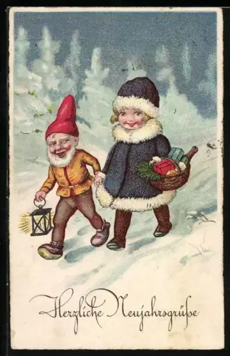 Künstler-AK Neujahr, Zwerg mit Laterne im Schnee, Mädchen mit Korb