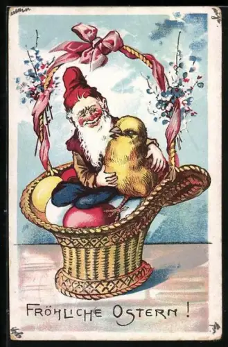 Künstler-AK Zwerg sitzt mit einem Osterküken in einem Korb voller Ostereier