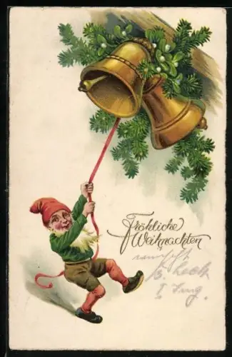 Künstler-AK Zwerg läutet die Glocke zu Weihnachten, Fröhliche Weihnachten