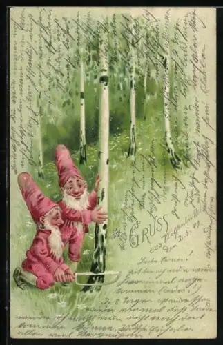 Lithographie Zwerge fällen mit einer Säge eine Birke