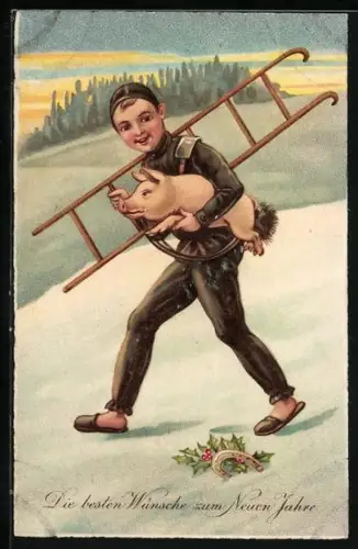 Künstler-AK Schornsteinfeger trägt ein Glücksschwein unterm Arm