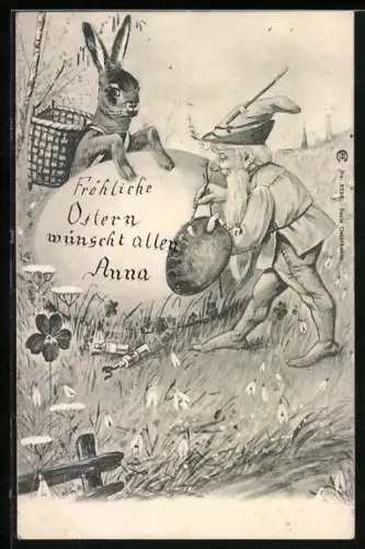 Lithographie Zwerg bemalt ein Osterei mit dem Osterhasen