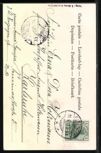 Lithographie Zwerg bemalt ein Osterei mit dem Osterhasen