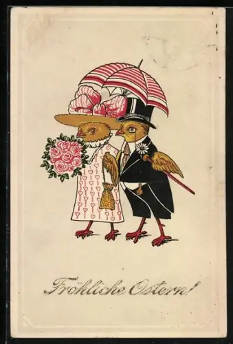 Künstler-AK Osterküken-Paar mit Schirm und Blumenstrauss, Fröhliche Ostern