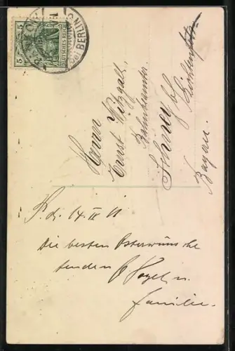 Künstler-AK Osterküken-Paar mit Schirm und Blumenstrauss, Fröhliche Ostern