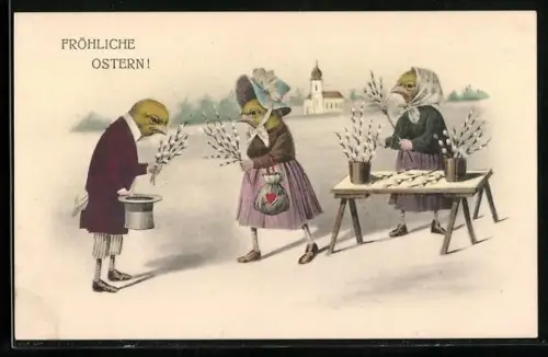 AK Osterküken-Dame verkauft Weidenkätzchen an einem Stand