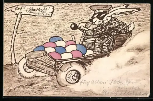 AK Osterhase fährt mit Ostereiern in einem Auto