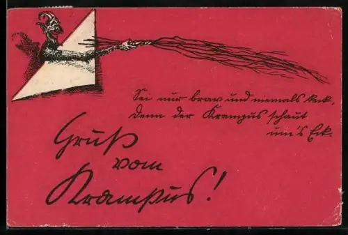 AK Krampus droht mit seiner Rute, Gruss vom Krampus