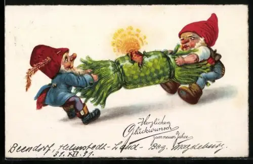 Künstler-AK Zwerge begrüssen das neue Jahr mit einem Knallbonbon
