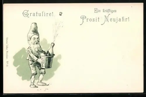 Künstler-AK Zwerg lässt einen Korken Knallen, Prosit Neujahr