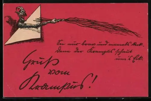 AK Krampus droht mit seiner Rute, Gruss vom Krampus