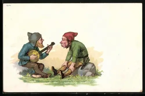 AK Zwerge sitzen musizierend auf zwei Felsen