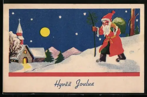 AK Weihnachtsmann stapft durch den Schnee, Hyvää Joulua