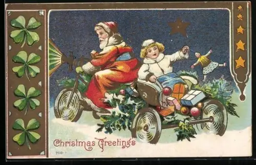 Präge-AK Weihnachtsmann und Christkind fahren im Motorrad durch den Schnee