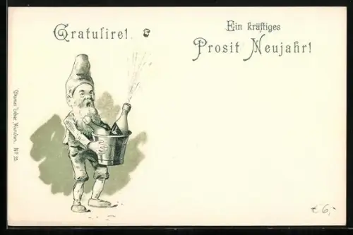 Künstler-AK Zwerg lässt einen Korken knallen, Prosit Neujahr