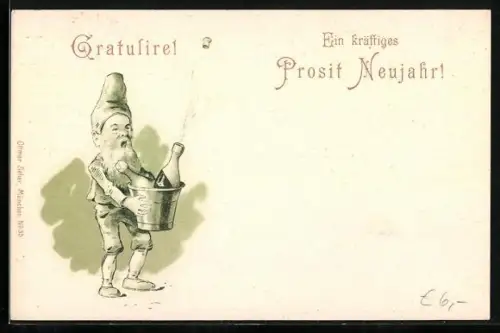 Künstler-AK Zwerg lässt einen Korken Knallen, Prosit Neujahr