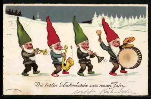 AK Vier musizierende Zwerge im Schnee