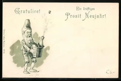 Künstler-AK Zwerg lässt einen Korken knallen, Prosit Neujahr